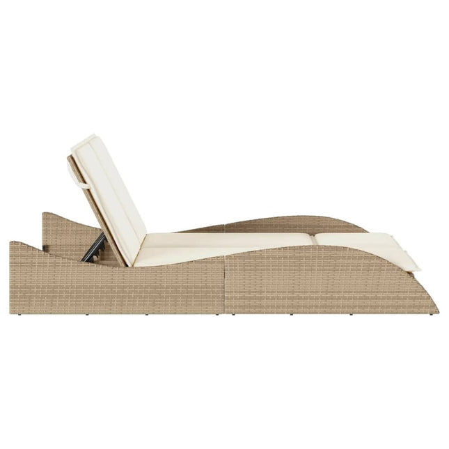 Bain de soleil double en résine tressée beige avec coussins crème