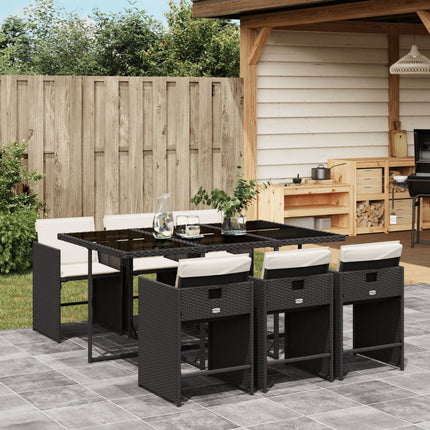 Table et chaises de jardin 6 places gain de place en résine tressée noire avec coussins