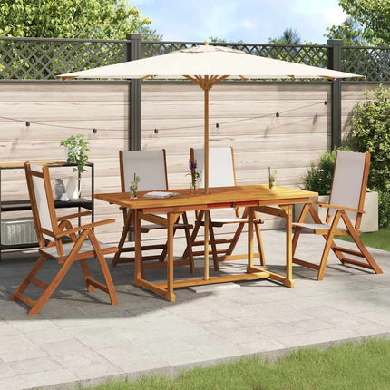 Table extensible et 4 fauteuils inclinables de jardin en acacia massif et textilène gris 120-170 cm