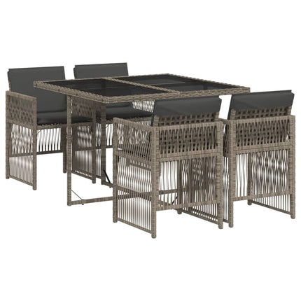 Table et chaises de jardin 4 places gain de place en résine tressée grise avec coussins