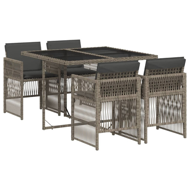 Table et chaises de jardin 4 places gain de place en résine tressée grise avec coussins
