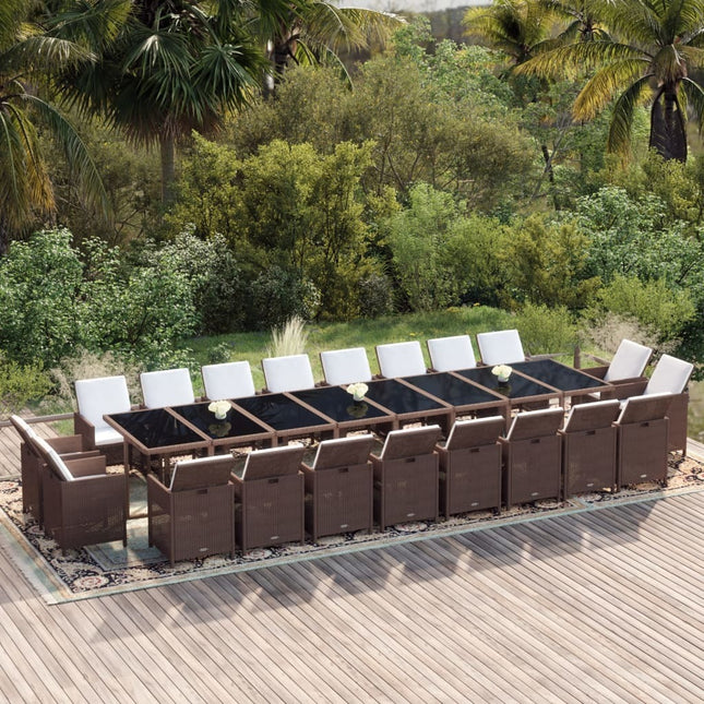 Table et chaises de jardin 20 places en résine tressée marron avec verre trempé