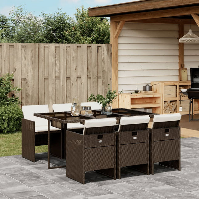Table et chaises de jardin 6 places en résine tressée marron avec coussins