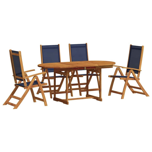 Table ronde extensible et 4 fauteuils inclinables de jardin en acacia massif et textilène bleu