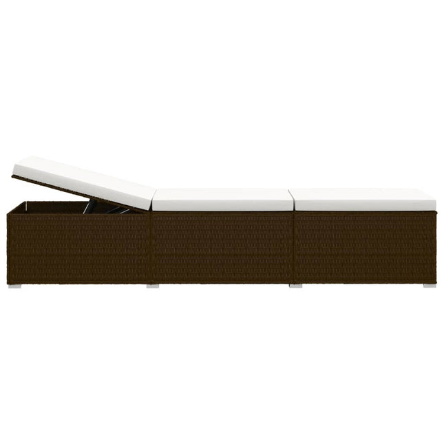 Ensemble de 2 bains de soleil avec table d'appoint en résine tressée marron et coussins blancs