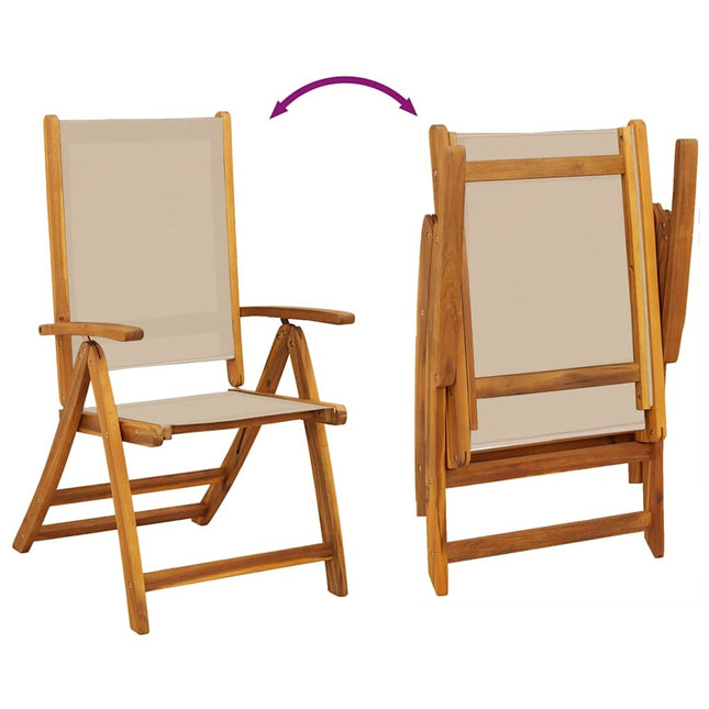 Table extensible et 4 fauteuils inclinables de jardin en acacia massif et textilène taupe 120-170 cm