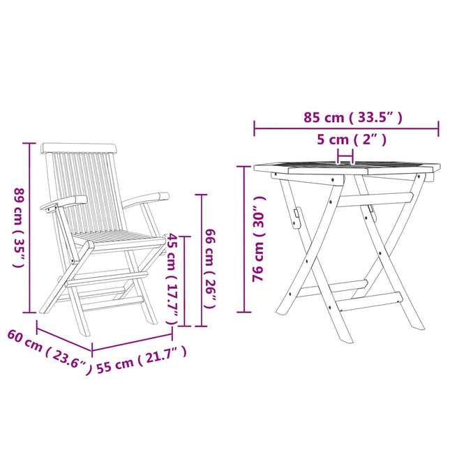 Table carréeee de jardin 85 cm avec 2 chaises pliantes en teck massif
