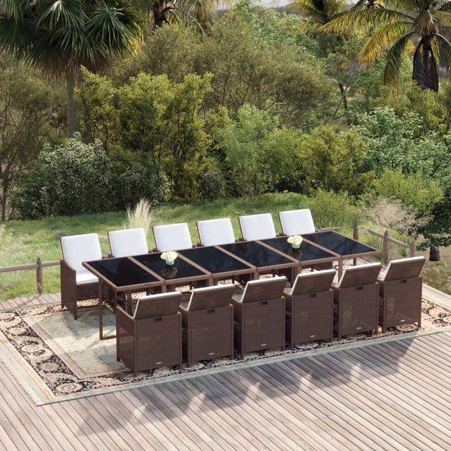 Table et chaises de jardin 12 places en résine tressée marron avec verre trempé