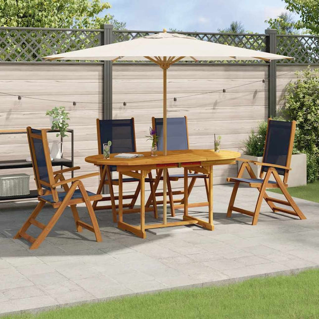Table ronde extensible et 4 fauteuils inclinables de jardin en acacia massif et textilène bleu