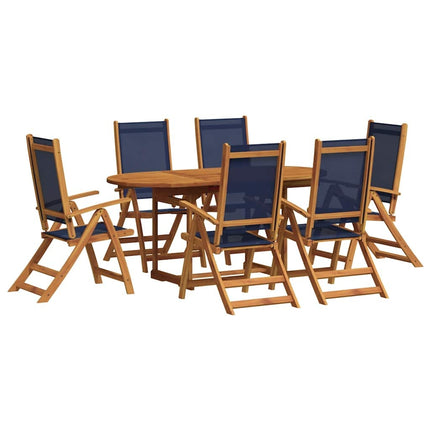 Table extensible 120 à 170 cm et 6 chaises en textilène bleu multipositions en bois d'acacia massif
