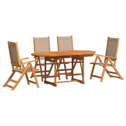 Table ronde extensible et 4 fauteuils inclinables de jardin en acacia massif et textilène taupe