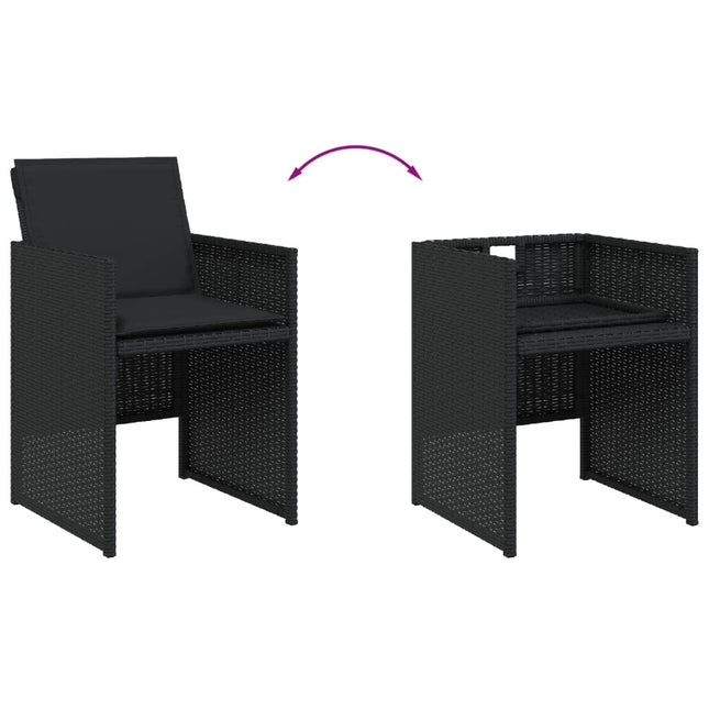 Table et chaises de jardin 4 places gain de place en résine tressée noire avec coussins