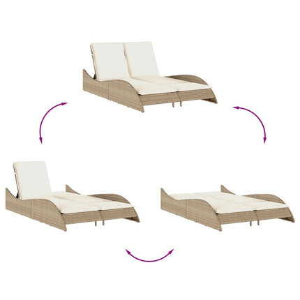 Bain de soleil double en résine tressée beige avec coussins crème