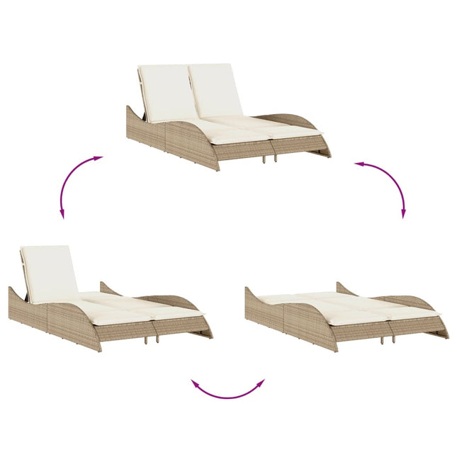 Bain de soleil double en résine tressée beige avec coussins crème