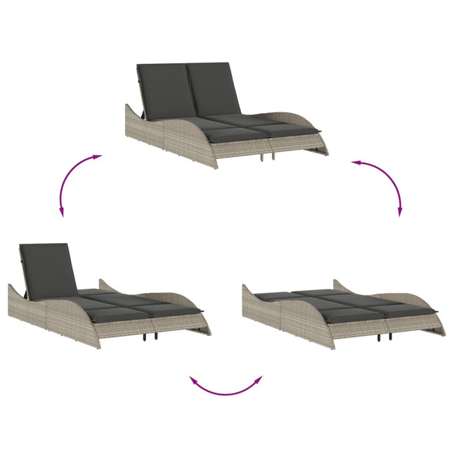 Bain de soleil double en résine tressée gris clair avec coussins crème