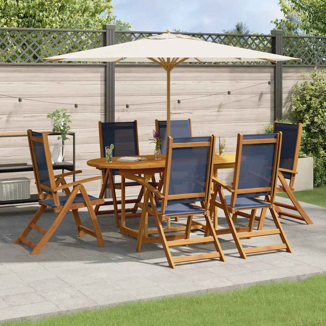 Table extensible 120 à 170 cm et 6 chaises en textilène bleu multipositions en bois d'acacia massif