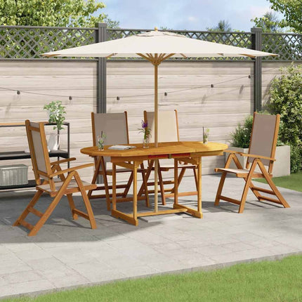 Table ronde extensible et 4 fauteuils inclinables de jardin en acacia massif et textilène taupe