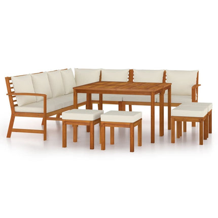 Salon de jardin en acacia massif avec coussins crème et modules lounge