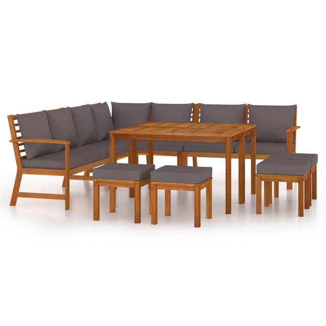 Salon de jardin en acacia massif avec coussins gris – Canapé d'angle, canapé , 4 repose-pieds et table de jardin