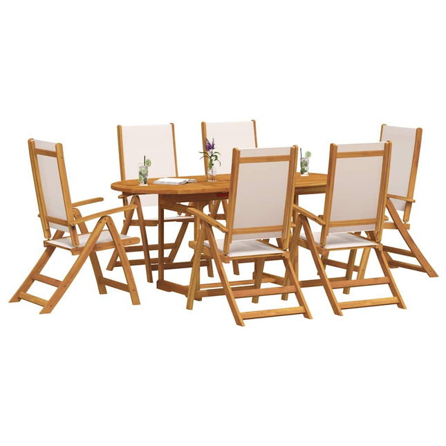 Table ovale extensible et 6 fauteuils inclinables de jardin en acacia massif et textilène crème