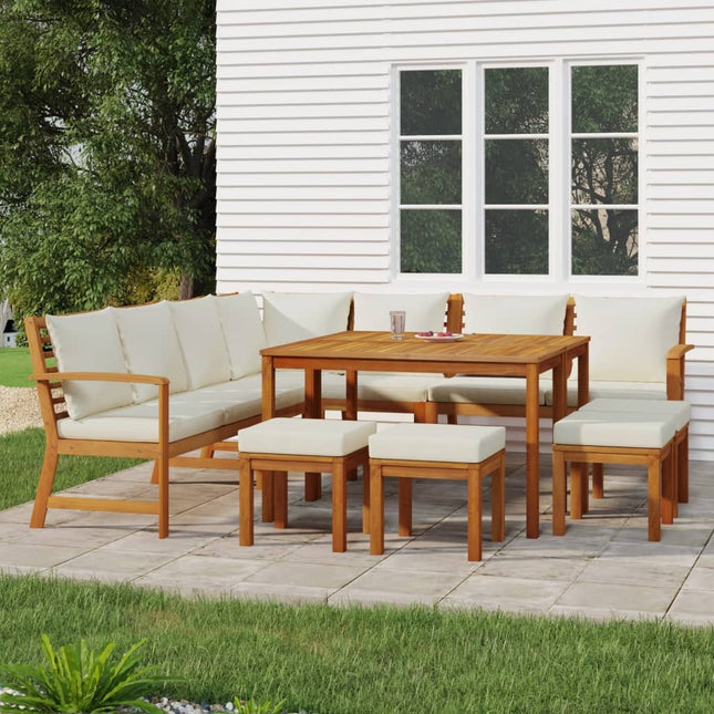 Salon de jardin en acacia massif avec coussins crème et modules lounge