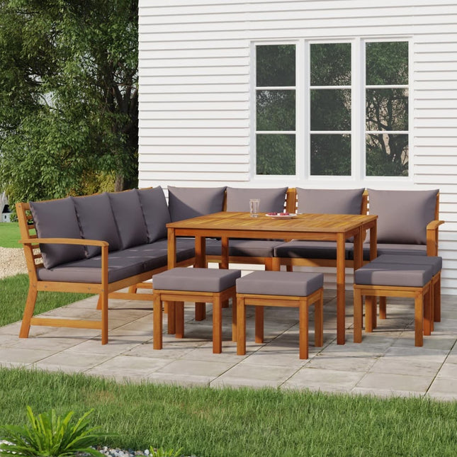 Salon de jardin en acacia massif avec coussins gris – Canapé d'angle, canapé , 4 repose-pieds et table de jardin