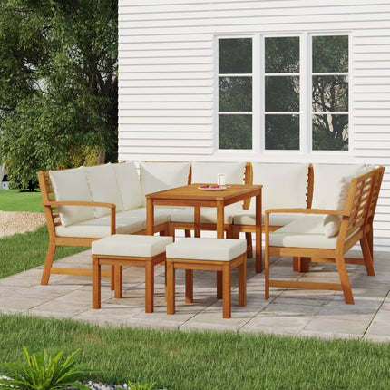 Salon de jardin en acacia massif avec coussins crème et modules lounge