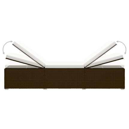 Ensemble de 2 bains de soleil avec table d'appoint en résine tressée marron et coussins blancs