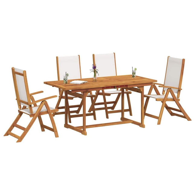Table extensible et 4 fauteuils inclinables de jardin en acacia massif et textilène gris 120-170 cm