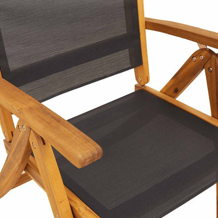 Table extensible et 4 fauteuils inclinables de jardin en acacia massif et textilène noir 120-170 cm