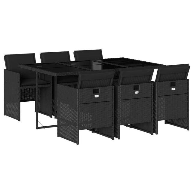 Table et chaises de jardin 6 places en résine tressée noire avec coussins noirs