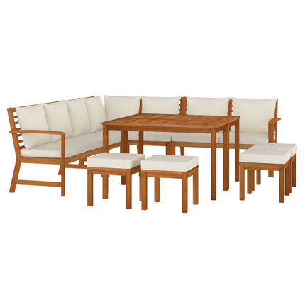 Salon de jardin en acacia massif avec coussins crème et modules lounge