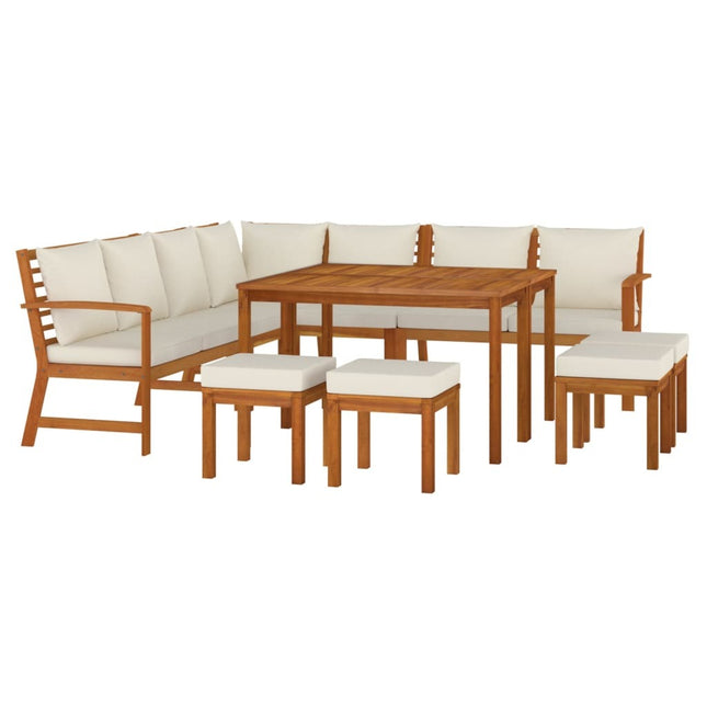 Salon de jardin en acacia massif avec coussins crème et modules lounge