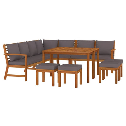 Salon de jardin en acacia massif avec coussins gris – Canapé d'angle, canapé , 4 repose-pieds et table de jardin
