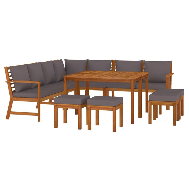 Salon de jardin en acacia massif avec coussins gris – Canapé d'angle, canapé , 4 repose-pieds et table de jardin