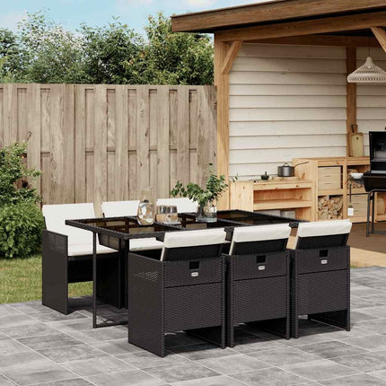Table et chaises de jardin 6 places en résine tressée noire avec coussins