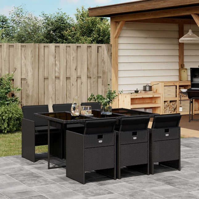 Table et chaises de jardin 6 places en résine tressée noire avec coussins noirs