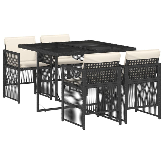 Table et chaises de jardin 4 places gain de place en résine tressée noire avec coussins