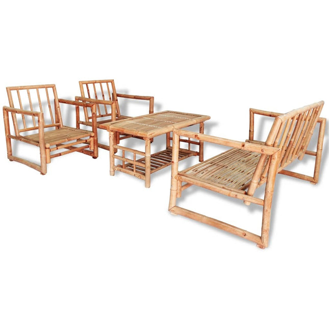 Salon de jardin avec banc, chaises et table en bambou