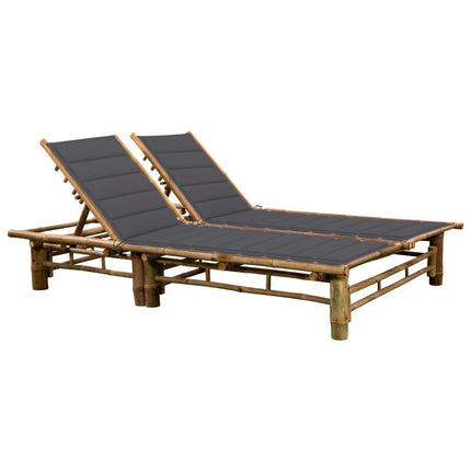 Bain de soleil double en bambou avec dossier réglable et matelas gris foncé