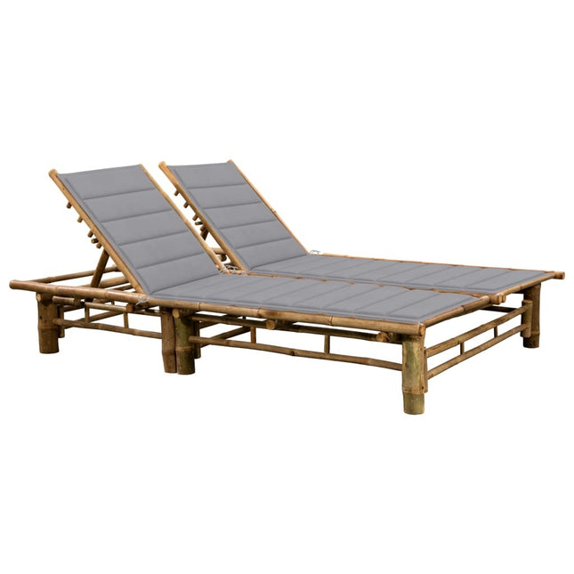 Bain de soleil double en bambou avec dossier réglable et matelas gris clair