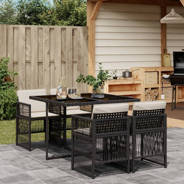 Table et chaises de jardin 4 places gain de place en résine tressée noire avec coussins