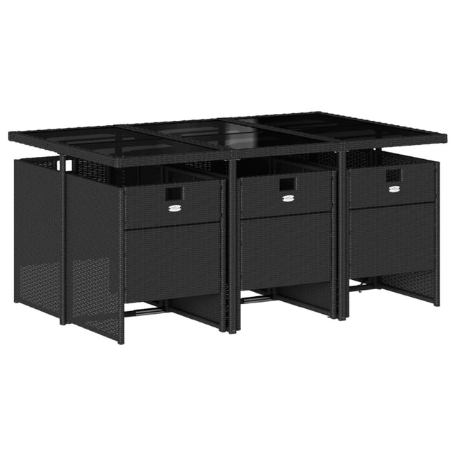 Table et chaises de jardin 6 places en résine tressée noire avec coussins noirs