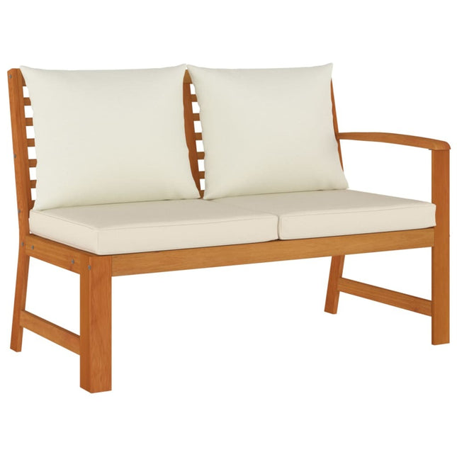 Salon de jardin en acacia massif avec coussins crème et modules lounge