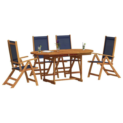 Table ronde extensible et 4 fauteuils inclinables de jardin en acacia massif et textilène bleu