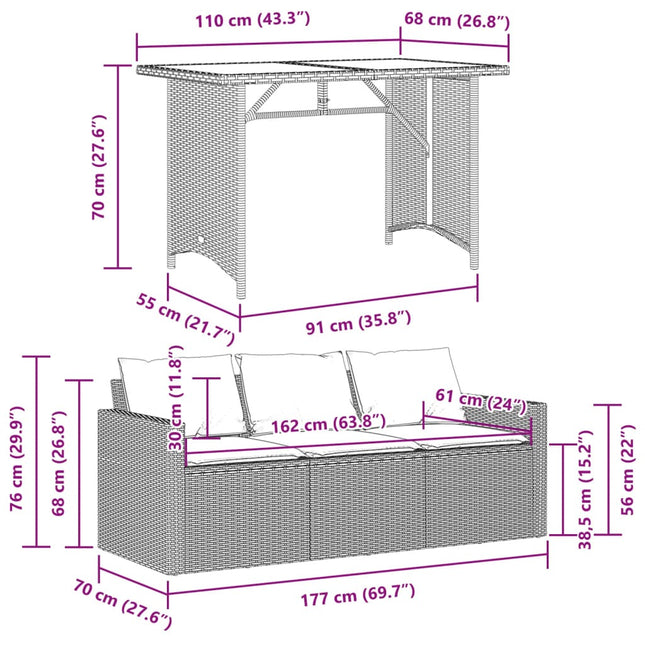 Table haute de jardin en verre trempé avec canapé en résine tressée beige