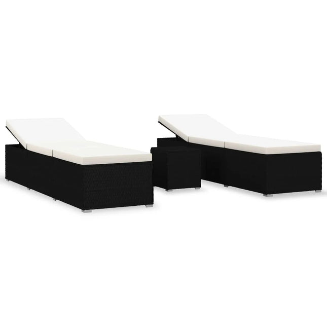 Ensemble de 2 bains de soleil avec table d'appoint en résine tressée noire et coussins blancs