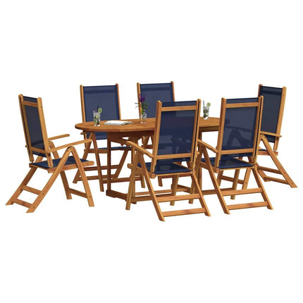 Table extensible 120 à 170 cm et 6 chaises en textilène bleu multipositions en bois d'acacia massif