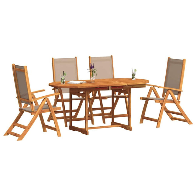 Table ronde extensible et 4 fauteuils inclinables de jardin en acacia massif et textilène taupe