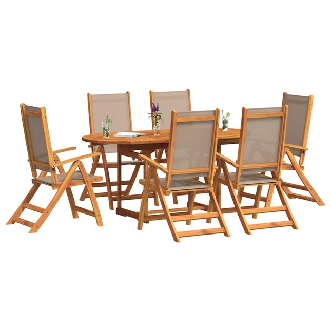 Table extensible 120 à 170 cm et 6 chaises en textilène taupe multipositions en bois d'acacia massif